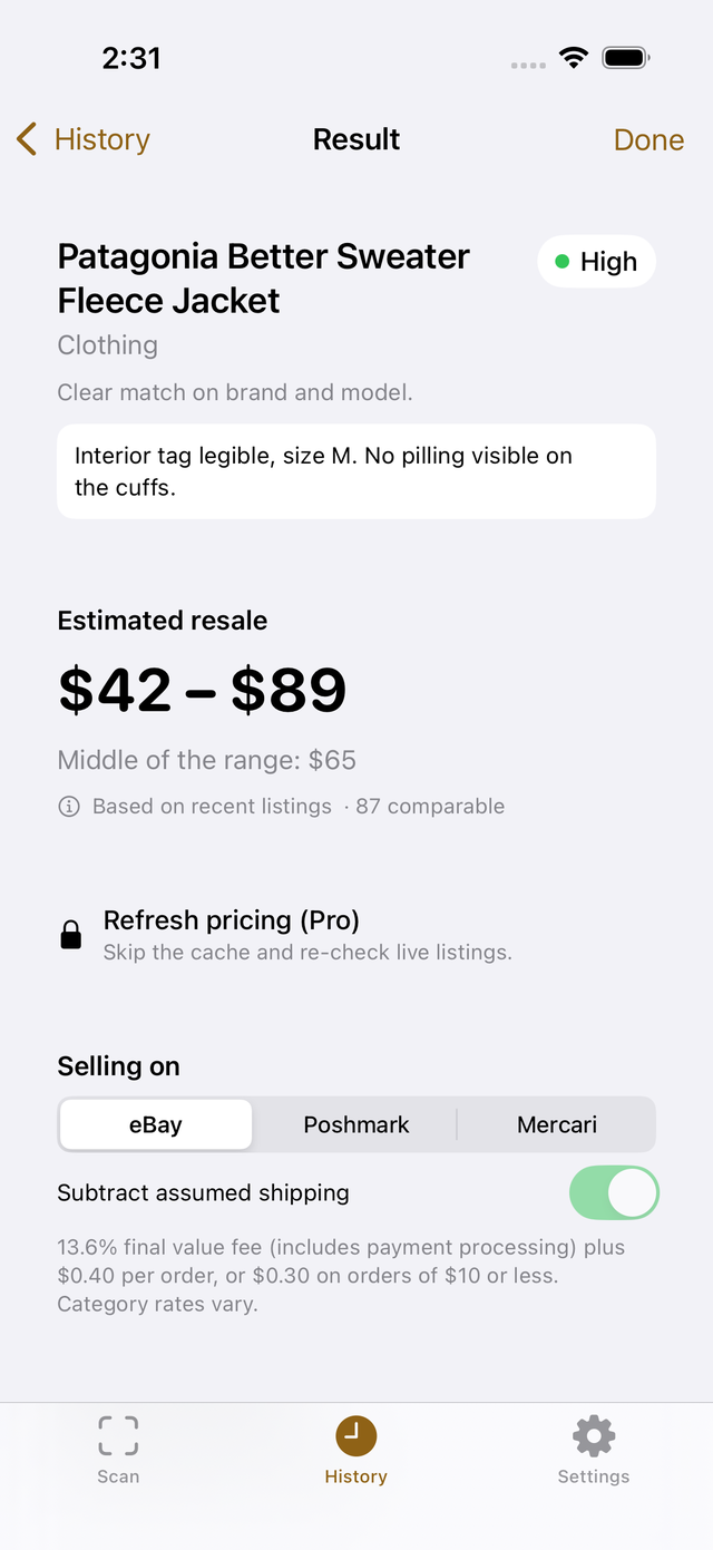 A scanned Patagonia Better Sweater fleece jacket identified with high confidence and an estimated resale range of forty-two to eighty-nine dollars