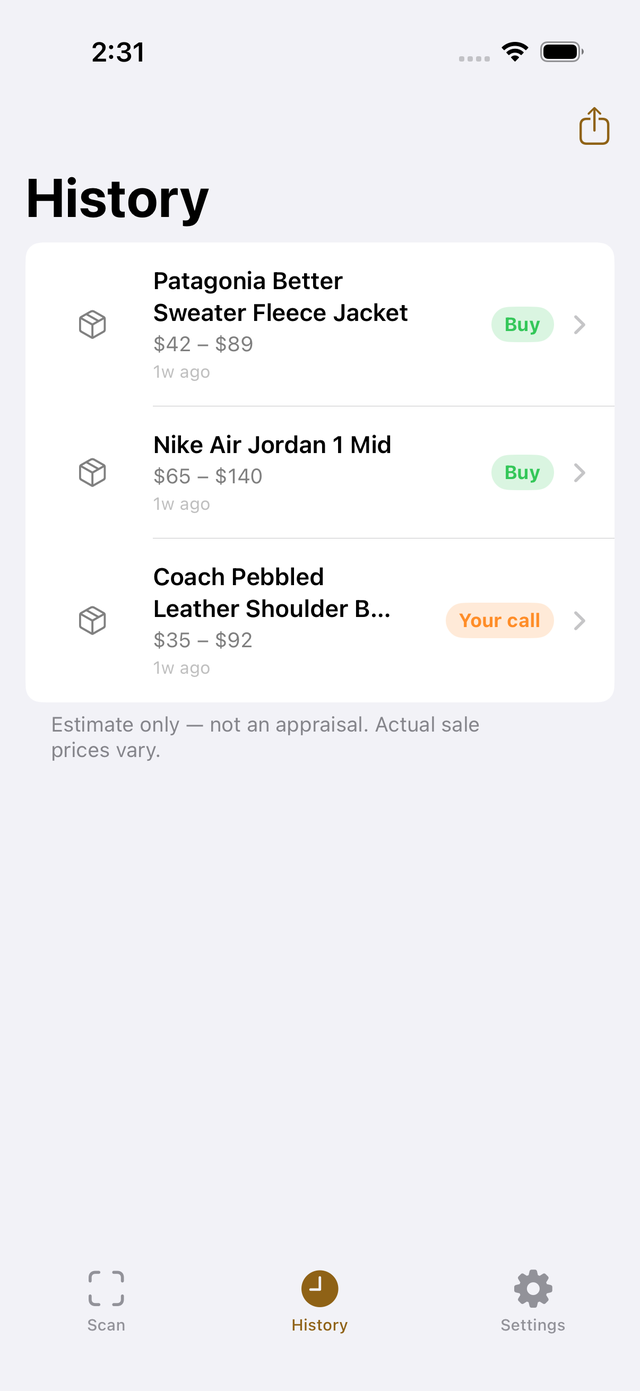 Scan history showing a Patagonia fleece, Air Jordan 1 Mid sneakers and a Coach shoulder bag, each with its verdict