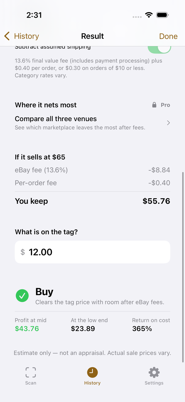 A twelve dollar tag price producing a Buy verdict with forty-three dollars seventy-six of profit after eBay fees